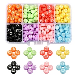 Mixed Color 440Pcs 8 Colors Opaque Acrylic Beads, Flat Round with White Heart & Flower & Moon & Star Pattern, Mixed Color, 7x4mm, Hole: 1.6mm, 7.5g, about 55pcs/color