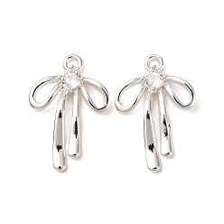 Посеребрённый Латунные микропаве прозрачные подвески с фианитом, бантом, 925 серебро покрытием, 18x12x3 мм, отверстие : 1.4 мм