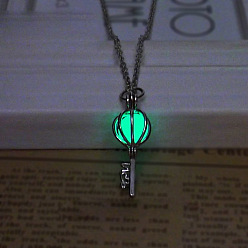 Green Opened Hollow Alloy Luminous Pendant Necklace, Key, Green, 8.27~19.69 inch(21~50cm)