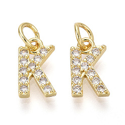 Letter K Латунные микропаве прозрачные кубические циркониевые подвески, с прыжковых колец, реальный 18 k позолоченный, без кадмия, без никеля и без свинца, Письмо K, 11x6.5x2.5 мм, отверстие : 3 мм