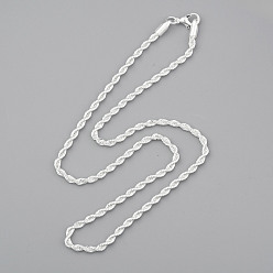 Silver Brass Rope Chain Necklaces, with Lobster Claw Clasps, Silver Color Plated, 24 inch, 3mm
