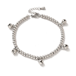 Stainless Steel Color 304 Stainless Steel Bell Charm Bracelet with 201 Stainless Steel Round Beads for Women, Stainless Steel Color, 8-5/8 inch(22cm)