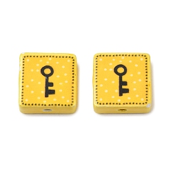 Gold Printed Handmade Porcelain Beads, Square, Gold, 15~15.5x15~15.5x7.5~8mm, Hole: 2mm