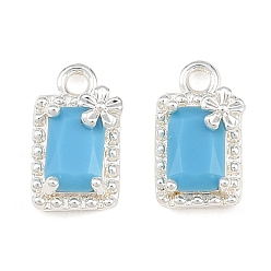 Plata Dijes de latón con circonitas cúbicas de color azul cielo intenso, rectángulo con dijes de flores, plata, 11x6x4 mm, agujero: 1.2 mm