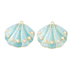 Светло-Голубой Подвески из эмали и сплава, подвески в форме ракушек, с ABS имитации жемчуга, долговечный, стойки покрытие, золотые, Небесно-голубой, 33x34.5~35x4.5~5 мм, отверстие : 1.8 мм