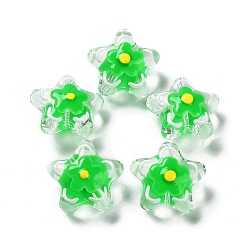 Зеленый лайм Бусины лэмпворк , с эмалью, звезды с цветком, зеленый лайм, 20~20.5x21~21.5x11.5~12 мм, отверстие : 1.6 мм