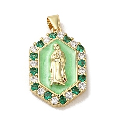 Темный Морско-зеленый Покрытие стойки латунные эмалированные подвески с кубическим цирконием, долговечный, без свинца и без кадмия, реальный 18 k позолоченный, шестиугольник, темно-зеленый, 25x16.5x4.5 мм, отверстие : 3x4 мм