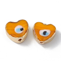Dark Orange Brass Beads, with Enamel, Real 18K Gold Plated, Heart with Evil Eye, Dark Orange, 14.5x16x7mm, Hole: 1.6mm
