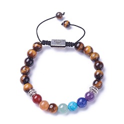 Tiger Eye Chakra Jewelry, Natural & Synthetic Mixed Stone Braided Bead Bracelets, with Natural Tiger Eye, Alloy Findings and Nylon Cord, Rectangle with Tree, 52~76mm