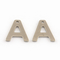 Letter A 201 Stainless Steel Letter Charms, Letter.A, 11x5.5~12x0.5mm, Hole: 1mm
