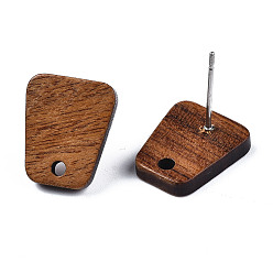 Peru Walnut Wood Stud Earring Findings, with Hole and 304 Stainless Steel Pin, Trapezoid, Peru, 14x12mm, Hole: 1.8mm, Pin: 0.7mm