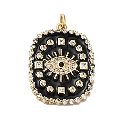 Black Rack Plating Brass Pave Cubic Zirconia Enamel Pendants, with Jump Ring, Lead Free & Cadmium Free, Real 18K Gold Plated, Long-Lasting Plated, Rectangle with Eye Pattern Charm, Black, 26x20x2.5mm, Hole: 3.4mm