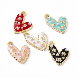 Mixed Color Alloy Enamel Pendants, with ABS Imitation Pearl Beads, Light Glod, Heart with Flower Charm, Mixed Color, 21x14.5x4mm, Hole: 1.6mm