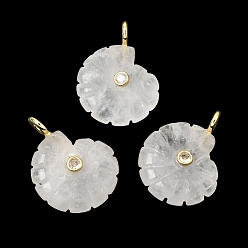 Quartz Crystal Natural Quartz Crystal Carved Pendants, Rock Crystal Conch Shape Charms with Brass Micro Pave Clear Cubic Zirconia Findings, Golden, Rack Plating, 34x25~26x10mm, Hole: 3.5mm