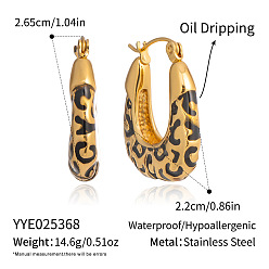 Черный 304 Овальные серьги-кольца из нержавеющей стали с леопардовым принтом и эмалью, реальный 18 k позолоченный, чёрные, 26.50x22 мм