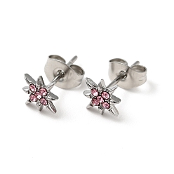 Light Rose Rhinestone Flower Stud Earrings with 316 Surgical Stainless Steel Pins, Stainless Steel Color Plated 304 Stainless Steel Jewelry for Women, Light Rose, 8x8mm, Pin: 0.8mm