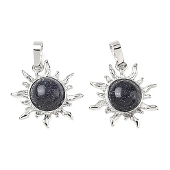 Синий Драгоценный Камень Синтетический синий авантюрин подвески, латунные солнечные подвески, стойки покрытие, платина, без кадмия и без свинца, 23x22.5x5.5 мм, отверстие : 7.5x4.5 мм