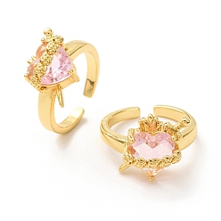 Pink Открытые кольца-манжеты из латуни и стекла для женщин, святое сердце, долговечный, стойки покрытие, без свинца и без кадмия, золотые, розовые, 17 мм, Сердце: 13~15x10~15 mm