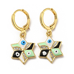 Black Real 18K Gold Plated Brass Dangle Leverback Earrings, with Enamel and Cubic Zirconia, Evil Eye, Black, 30.5x13mm