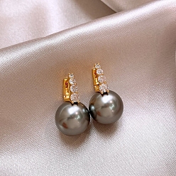 Golden Alloy Rhinestone Hoop Earrings, Black Plastic Pearl Beads Earrings with 925 Sterling Silver Pins, Golden, 50x50mm