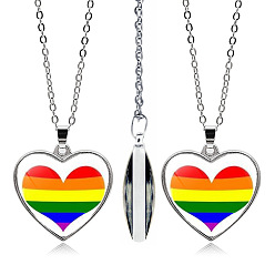 Red Pride Rainbow Flag Glass Heart Pendant Necklace, with Alloy Cable Chains, Red, 17.72 inch(45cm)
