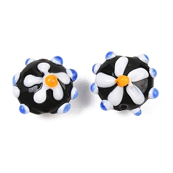 Черный Ручной работы ухабистым Шарики Lampwork, RONDELLE с цветочным узором, чёрные, 15.5x17.5x13 мм, отверстие : 1.6 мм