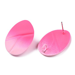 Hot Pink Spray Painted Iron Stud Earring Findings, with Vertical Loops, Twist Oval, Hot Pink, 28x20mm, Hole: 3.5mm, Pin: 0.7mm