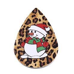 Snowman Christmas Theme Imitation Leather Pendants, Teardrop, Snowman Pattern, 56x37x2mm, Hole: 1.5mm