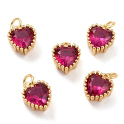 Deep Pink Real 18K Gold Plated Brass Inlaid Cubic Zirconia Charms, with Jump Ring, Long-Lasting Plated, Heart, Deep Pink, 8.5x7x4mm, Jump Ring: 4x0.5mm, 2.5mm Inner Diameter