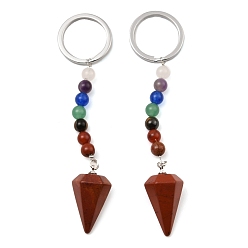 Red Jasper Natural Red Jasper Cone Pendant Keychain, with 7 Chakra Gemstone Beads and Platinum Tone Brass Findings, 108mm