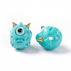 Cyan Halloween Opaque Resin Beads, with Golden Tone Alloy Horns, Single-Eye Monster, Cyan, 13x10.5x12mm, Hole: 1.8mm