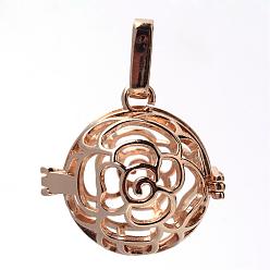 Light Gold Rack Plating Brass Cage Pendants, For Chime Ball Pendant Necklaces Making, Hollow Round with Flower, Light Gold, 25x25x20mm, Hole: 3.5x8mm, inner measure: 17mm