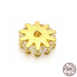 Real 18K Gold Plated 925 Sterling Silver Spacer Beads, with Clear Cubic Zirconia, Flower, Real 18K Gold Plated, 6x2mm, Hole: 1.2mm