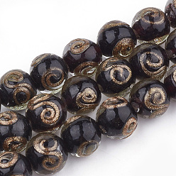 Black Handmade Gold Sand Lampwork Beads, Round, Black, 11.5~12.5x11~12mm, Hole: 1.5~2mm
