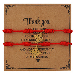 Golden Handmade Red String Braided Bracelet Sets with Stainless Steel Chinese Knot Charms, Adjustable Stackable Bracelets, with Paper Display Cards, Golden, 11.02 inch(28cm), 2pcs/set