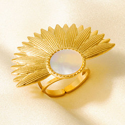 Настоящее золото 18K 304 Открытые кольца-манжеты из нержавеющей стали с натуральными ракушками для женщин, вентилятор, реальный 18 k позолоченный, 26 мм, внутренний диаметр: 17 мм