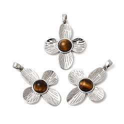 Платина Природных тигровый глаз подвески, цветочные подвески с латунной оправой, платина, 31.5x24.5x5 мм, отверстие : 3x5 мм