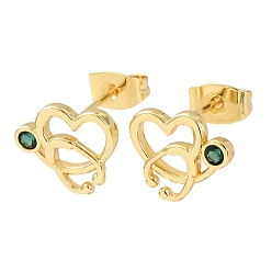 Золотой Латунные серьги-гвоздики с микропаве из зеленых кубических цирконий для женщин, сердце со стетоскопом, золотые, 9.5x11.5 мм