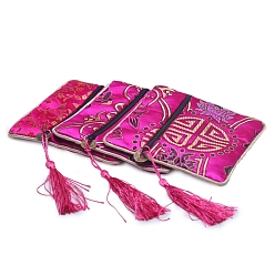 Magenta Floral Print Polyester Jewelry Storage Zipper Pouches, with Tassels, Square, Magenta, 12x12cm
