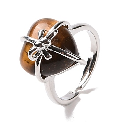 Тигровый глаз Сердце из натурального тигрового глаза с регулируемым кольцом с бантом, украшения из латунной проволоки для женщин, без кадмия и без свинца, платина, размер США 7 1/4~13 (17.5~22.3 мм)