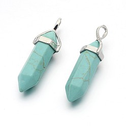 Synthetic Turquoise Synthetic Turquoise Bullet Double Terminated Pointed Pendants, with Platinum Plated Alloy Findings, 38~41x13x10mm, Hole: 5x3mm