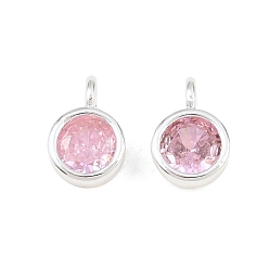 Pink Messing pflastern Zirkonia Charme, mit Ringe springen, Einzelstein-Anhänger, flache runde Charme, Silbern Silberfarbig, rosa, 9x6x4 mm, Bohrung: 1.8 mm