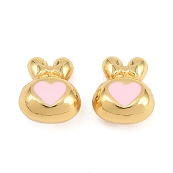 Pink Brass Enamel Beads, Rabbit with Heart, Rack Plating, Long-Lasting Plated, Lead Free & Cadmium Free, Real 18K Gold Plated, Pink, 15x13x8mm, Hole: 2.5mm