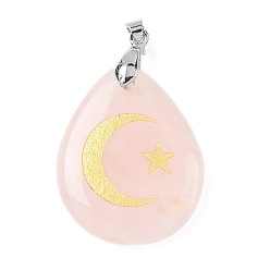 Розовый Кварц Природного розового кварца подвески, с реечной обшивкой латунными выводами, без кадмия и без свинца, подвеска в виде капли, луны и звезды, 31x25x5~7 мм, отверстие : 4.5x4 мм
