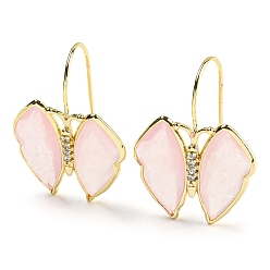 Pink Natural Jade Dangle Earrings, with Cubic Zirconia and Rack Plating Brass Findings, Dyed, Butterfly, Pink, 29.5~30x23~24mm
