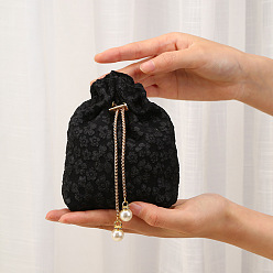 Black Fiber Embossed Flower Drawstring Candy Bags, with Chain, Wedding Candy Cloth Pouches, Square, Black, 15x15cm