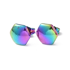 Rainbow Color Ion Plating(IP) 304 Stainless Steel Hexagon Stud Earrings for Women, Rainbow Color, 9x10mm, Pin: 0.8mm