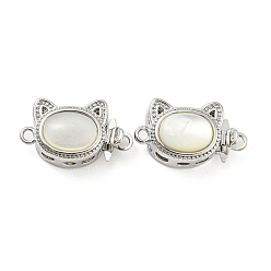 Real Platinum Plated Natural Shell Box Clasps, Brass Cat Shaped Box Clasps, 1-Strand, 2-Hole, Real Platinum Plated, 8.5x15x6.5mm, Hole: 1.2~1.4mm