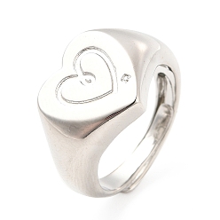 Platinum Rack Plating Brass Heart Singet Adjustable Ring for Women, Cadmium Free & Lead Free, Platinum, US Size 6 1/2(16.9mm)