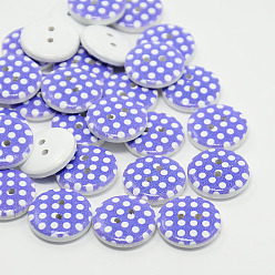 Medium Slate Blue 2-Hole Flat Round Polka Dot Printed Wooden Sewing Buttons, Dyed, Medium Slate Blue, 15x4mm, Hole: 1mm